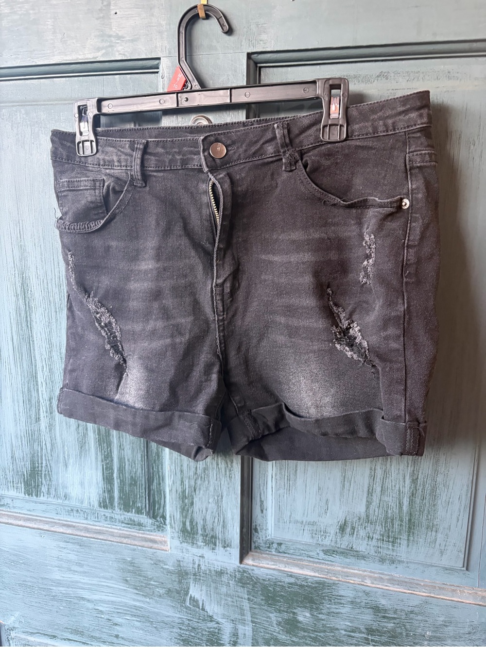 SHEIN Black Distressed Rolled Hem Jean Shorts